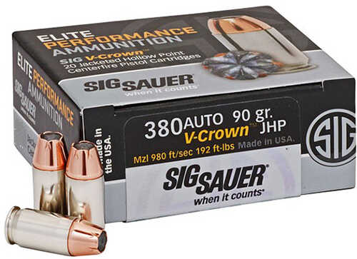 Sig 380ACP 90Gr Elite V-Crown JHP Ammo 20 Round